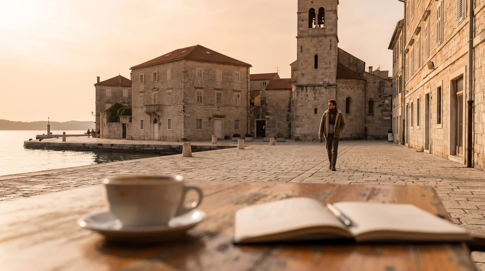 Sunset over the Zadar waterfront with the Sea Organ and Greeting to the Sun in autumn light, few people around
