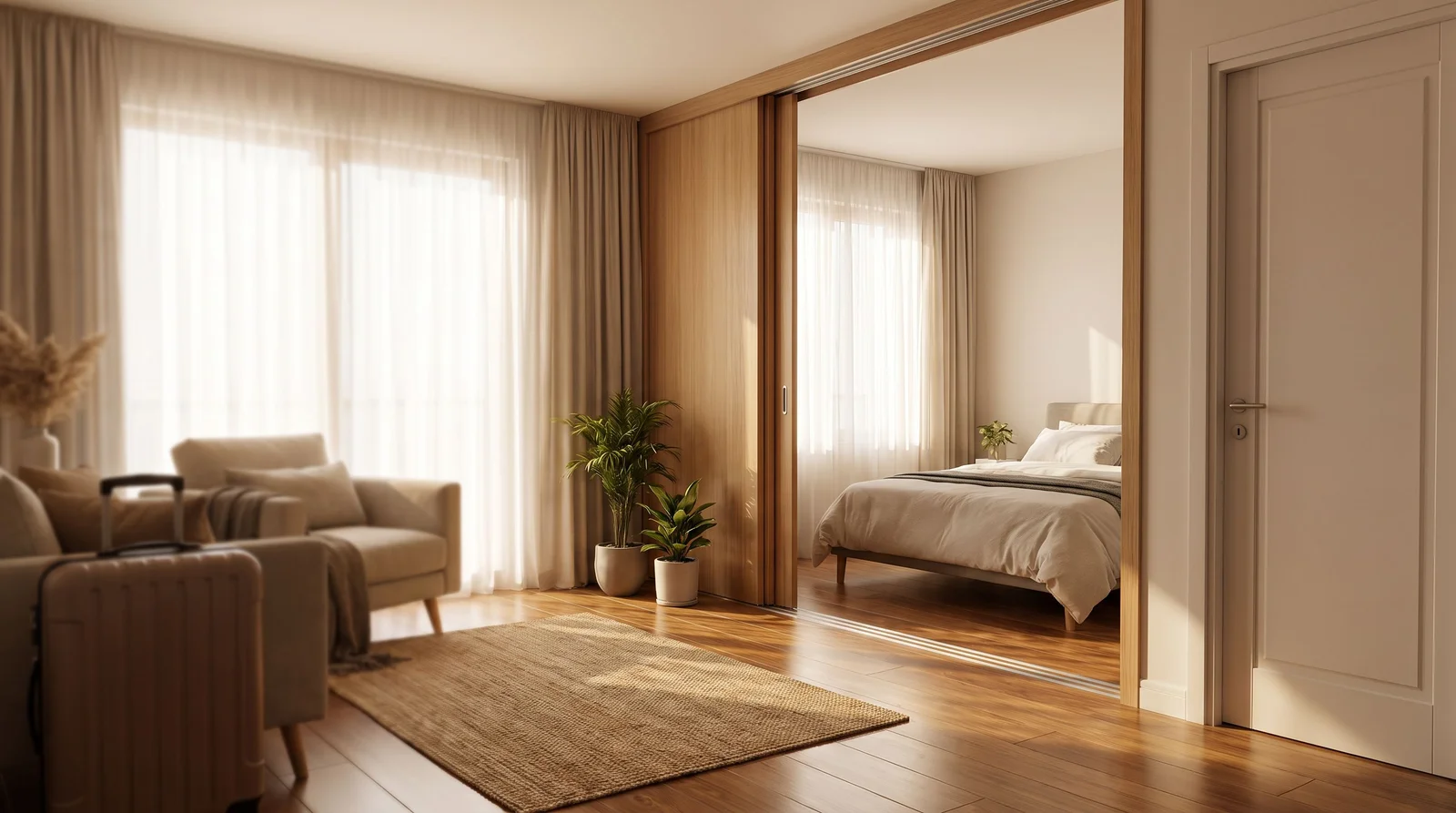 Side-by-side view of a cozy studio apartment interior and a separate one-bedroom apartment living area with balcony in Zadar